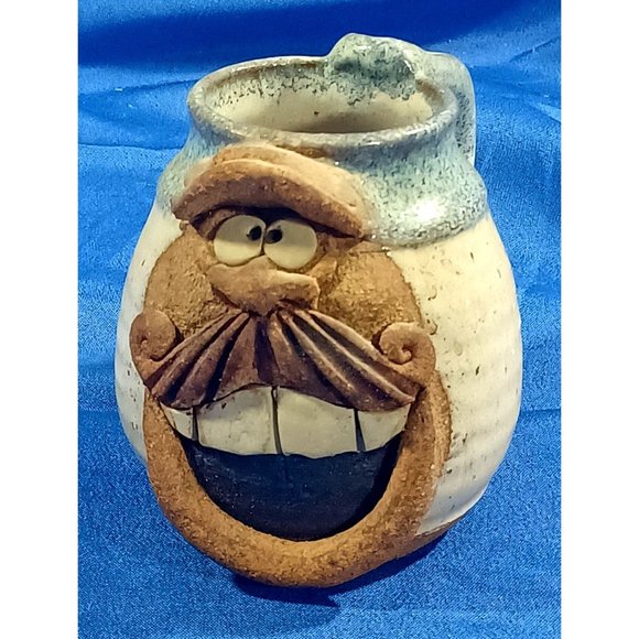 Handmade Other - -Vintage Signed Pottery Coffee Mug Pencil Holder Funny Face Mustache Maho…